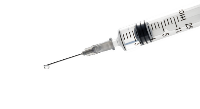Close up of hypodermic needle with a drop isolated on transparent background
