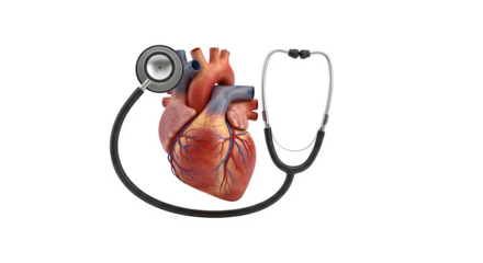 Human heart with stethoscope for medical examination isolated on transparent background