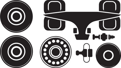 Collection of black and white skateboard parts silhouette icons deck wheels and accessories © lok0077