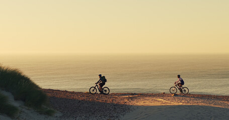 People, cycling and mountain bike with ocean view for outdoor journey or adventure in nature. Cyclist, friends or fitness with bicycle on mockup space or beach for extreme sport, exercise or travel