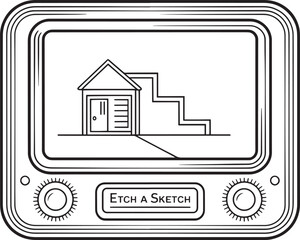 Line drawing classic sketching toy showing basic house structure and staircase illustration children plaything.