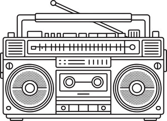 Minimalist line drawing of portable cassette player stereo system boombox on transparent background