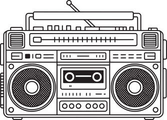 Outline drawing of a large portable cassette player stereo system boombox on transparent background
