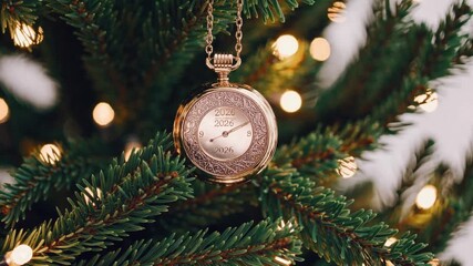 Vintage pocket gold watch on chain, displaying new year 2026, hangs on Christmas tree, symbolizing passage of time