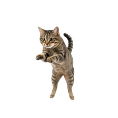 Playful tabby cat on hind legs with paws outstretched against a black background