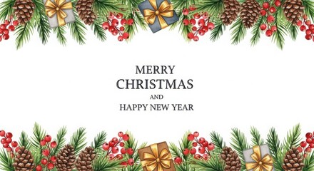 Watercolor christmas and new year border with text, gifts, pine, berries