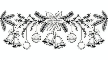 Christmas Garland with Bells, Holly Leaves, and Hanging Ornaments in Black and White