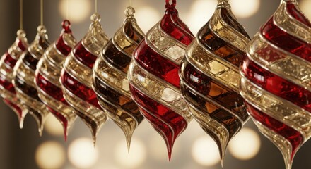 Elegant red and gold spiral christmas ornaments hanging for a festive holiday