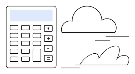 Calculator next to simplified clouds, combining finance, technology, and data representation. Ideal for fintech, cloud accounting, cost calculation, data storage, analysis prediction and business