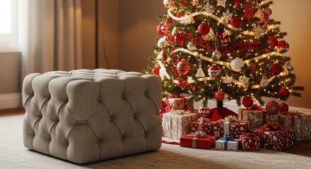 Tufted ottoman in festive home with decorated christmas tree and gifts