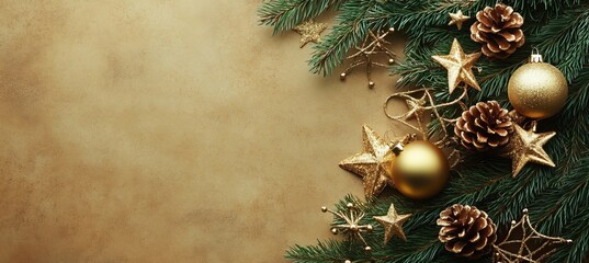 Elegant Festive Golden Christmas Background with Sparkling Glitter Stars and Beautiful Pine Cones