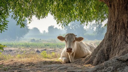 A white cow relaxing in the shade of a big tree in a rural field. Concept White cow resting in shade, Rural field tranquility, Tree-dappled pasture, Pastoral farm scene, Calm dairy cattle portrait