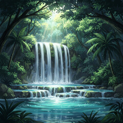 Naklejka premium Beautiful tropical waterfall illustration in lush rainforest with sunlight beams. Serene jungle nature landscape background with turquoise pool and palm trees.