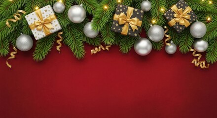 Christmas border with pine branches, silver ornaments, gifts, lights, red.