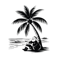 Santa Claus relaxing under a tropical palm tree with gift sack on a beach silhouette illustration, Perfect for tropical Christmas designs, warm-climate winter branding, coastal festive artwork
