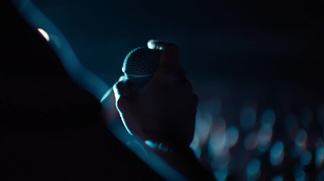 Video bokeh close up hand holding microphone on concert stage