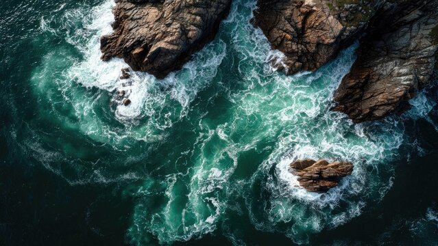 Aerial view of rugged rocky cliffs along a turquoise sea with waves crashing and white foam around the rocks. Concept Aerial Cliffside Landscape, Turquoise Sea, Crashing Waves, Rugged Coastal Rocks - Powered by Adobe