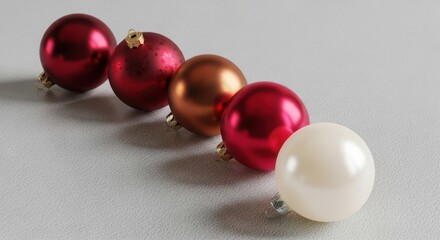 Shiny red, bronze, and cream christmas baubles lined on grey surface
