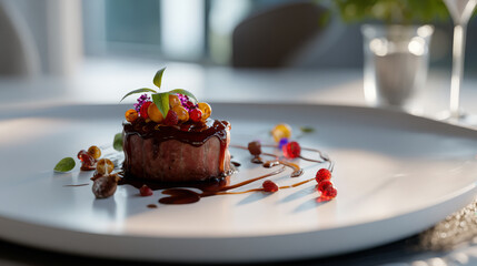 Gourmet steak with chocolate sauce and berries
