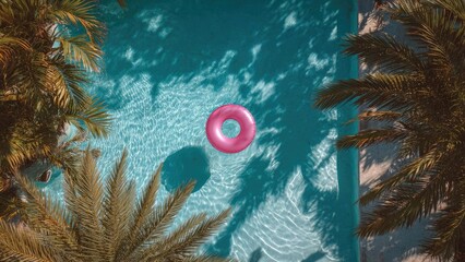 Pink inflatable ring floating in a turquoise pool, palm trees framing the water. Concept Poolside Paradise, Pink Inflatable Ring, Turquoise Water, Palm-Framed Scene, Tropical Summer Vibes