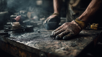 Dirty hands of metalworker on workshop bench