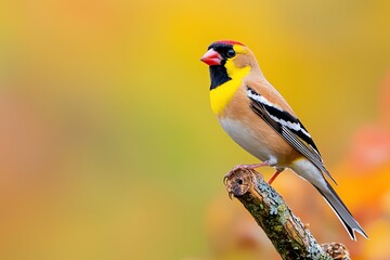 Fototapeta premium Hawfinch Perching on Branch in Autumn with Colorful Background