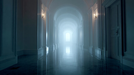 Mystical empty palace hallway with fog