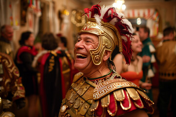 Greek Roman Costume at Costume Party with Carnival Decorations, Happy Friends, and Fun Conversations at Home