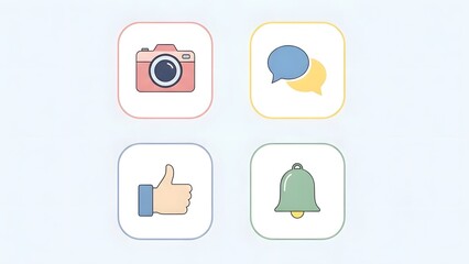 Four rounded square icons depicting social media symbols including a camera speech bubbles a thumbs up gesture and a bell presented on a light blue background