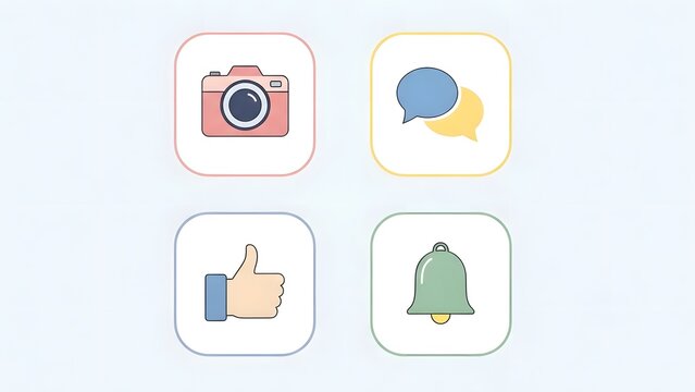 Four rounded square icons depicting social media symbols including a camera speech bubbles a thumbs up gesture and a bell presented on a light blue background