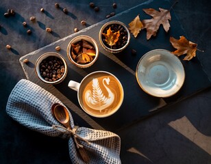 Flatlay Artistic Cappuccino with Swan Latte Art and Autumnal Coffee Scene