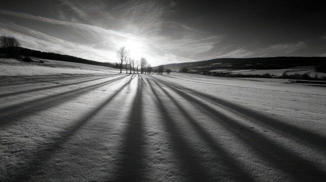 Black and white winter field with long shadows cast by bare trees snow landscape