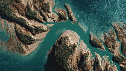Aerial view of a braided river delta with sandbars and forested islands in turquoise water. Concept Aerial View, Braided River Delta, Sandbars, Forested Islands, Turquoise Water