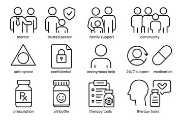 Mental health support icons: trust, safety, community, and therapy tools