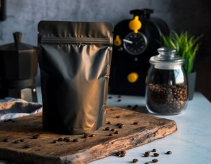 Dark and Moody Product Shot Coffee Bean Packaging with Machine