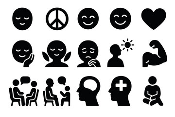 Set of emotional and mindfulness icons in black silhouette style