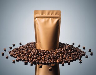 Golden Metallic Coffee Bean Packaging Pouch on Dark Background Still Life