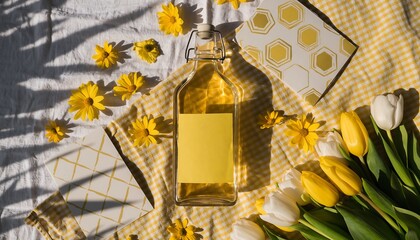 Bright Still Life Composition with Flowers and a Bottle on Checkered Cloth