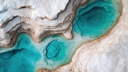 Naklejka premium Turquoise blue hot spring pools in a white layered travertine terrace landscape. Concept Turquoise blue hot springs, White layered travertine terraces, Geothermal landscape, Mineral-rich waters