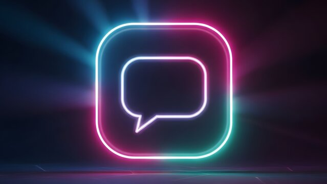 Glowing neon chat bubble icon with vibrant pink and cyan lights emanating from a dark background symbolizing communication dialogue and digital messaging in a modern futuristic aesthetic