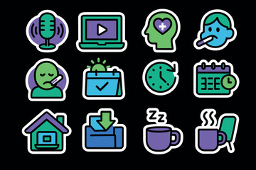 Colorful icon set featuring microphone, laptop, health, and home themes