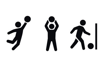 Three simple black silhouettes of people playing ball