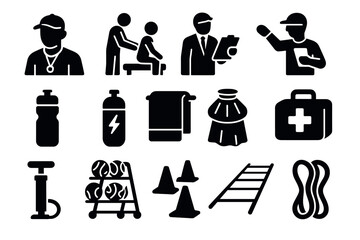 Coach and training equipment icons set: silhouette style for fitness and sports