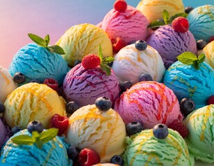 Colorful and Delicious Ice Cream Scoops Close Up with Fresh Berries