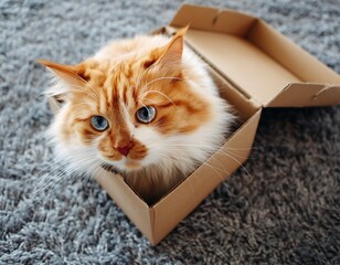 Eye Level Adorable Ginger Cat Relaxing Inside a Cardboard Box