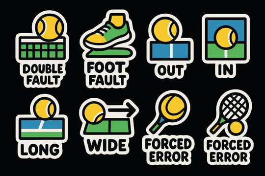 Colorful tennis sticker set featuring common terms and court icons