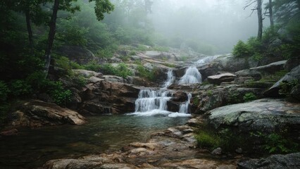 Fototapeta premium A misty forest waterfall cascading over rocky ledges into a shallow pool. Concept Misty Forest Waterfall, Cascading Water over Rocky Ledges, Shallow Pool in Woodland, Ethereal Forest Atmosphere