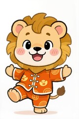 Obraz premium Adorable chibi lion mascot with plump round face, big gleaming eyes, rosy cheeks, soft brush line art, dressed in orange New Year outfit with lucky symbols, cute playful stance, white background