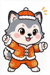 Naklejka premium Adorable chibi Wolf mascot with plump round face, big gleaming eyes, rosy cheeks, soft brush line art, dressed in orange New Year outfit with lucky symbols, cute playful stance, white background