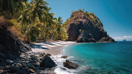Tropical beach with palm trees along a rocky shore, clear turquoise water, and a large rocky island rising from the sea. Concept Tropical Beach, Palm Trees & Rocky Shore, Turquoise Water